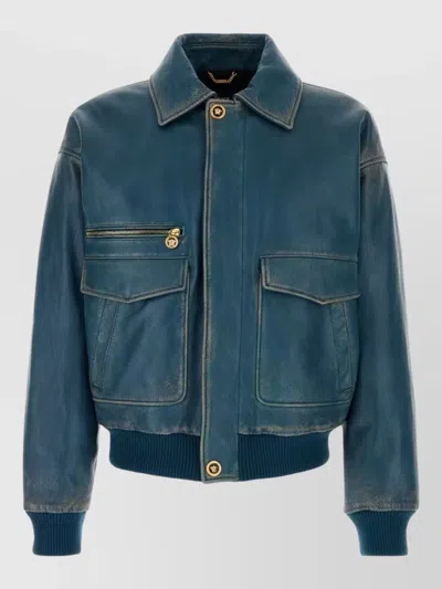 Versace Jacket Front Pockets Ribbed Cuffs Zipper Pocket In Blue