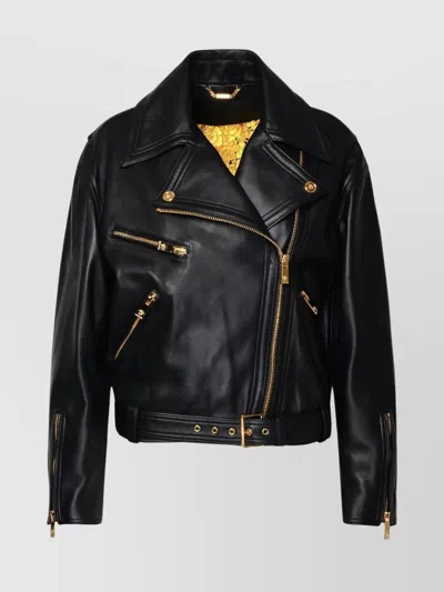 Versace Plonge Leather Moto Jacket In Black