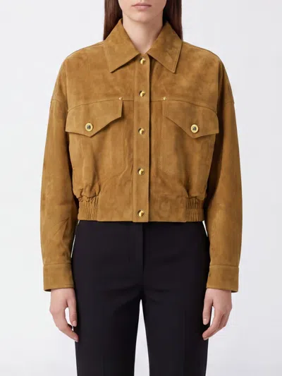 Versace Beige Suede Pointed Collar Elasticated Hem Jacket In Brown