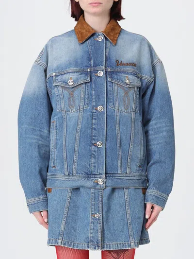 Versace Cotton Denim Jacket Long Sleeves Contrast Collar In Blue