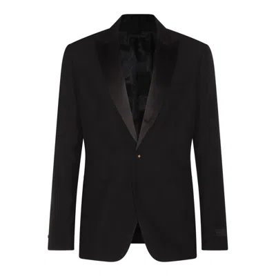 Versace Logo-appliquéd Wool And Mohair-blend Suit Jacket In Black