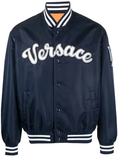 Versace Logo Patch Baseball Collar Jacket In Blue