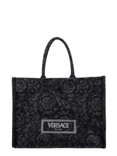 Versace Jacquard Barocco Fabric Shoulder Bag In Black