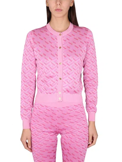 Versace Jacquard Cardigan La Greca In Pink
