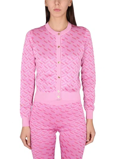 Versace Jacquard Silk-viscose Cardigan In Pink