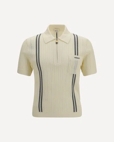 Versace Cotton Jacquard Knit Polo Shirt With Embroidered Logo In White