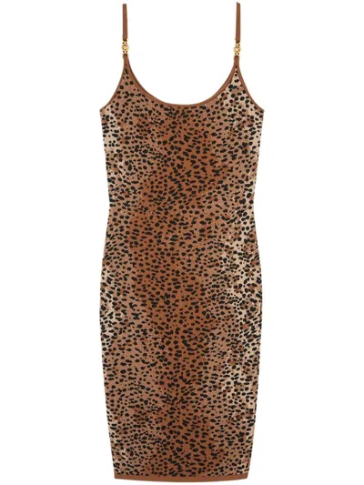 Versace Leopard Jacquard Fitted Knit Midi Dress In Multi