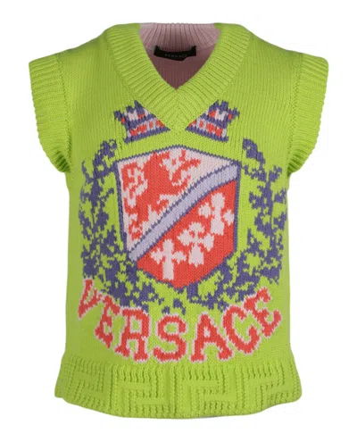 Versace Jacquard Knit Logo Sweater Vest In Green