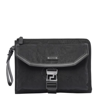 Versace Jacquard Pattern Logo-patch Clutch Bag In Grey/black