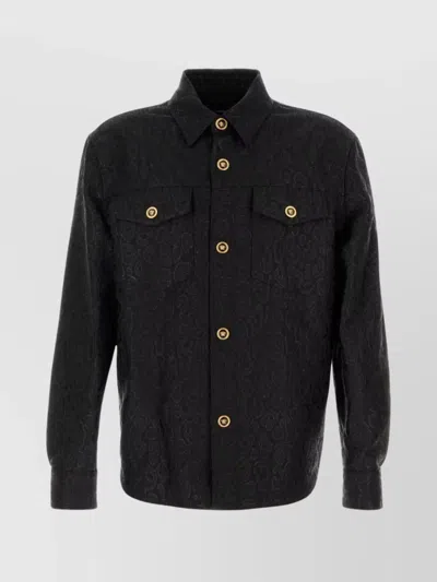 Versace Jacquard Shirt With Front Pockets And Long Sleeves In Black