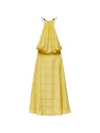 Versace Robe Mi-longue En Satin De Soie Crêpe Jacquard In Yellow