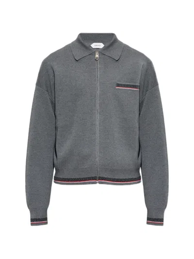 Versace Jacquard Wool Knit Zip Sweater In Gray