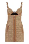 Versace Embellished Leather-trimmed Cutout Canvas-jacquard Mini Dress
