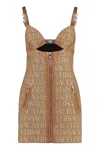 Versace Embellished Leather-trimmed Cutout Canvas-jacquard Mini Dress