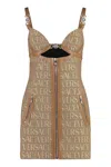 Versace Embellished Leather-trimmed Cutout Canvas-jacquard Mini Dress