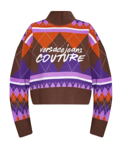 Versace Jeans Argyle-knit Logo-embroidered Jumper In Brown