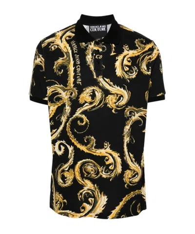Versace Jeans Barocco-print Cotton Polo Top In Black