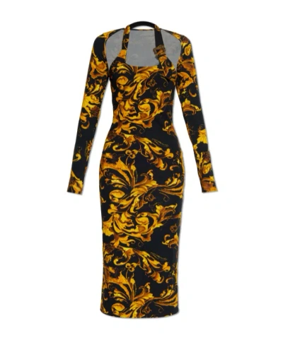 Versace Jeans Barocco-print Long-sleeve Midi Dress In Black