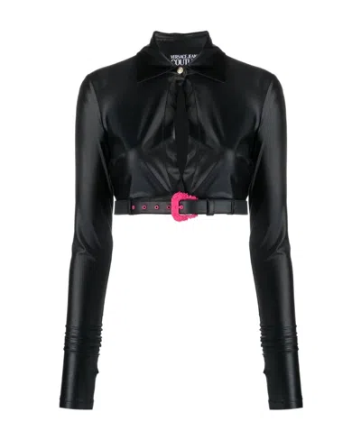 Versace Jeans Baroque Buckle Cropped Shirt In Black