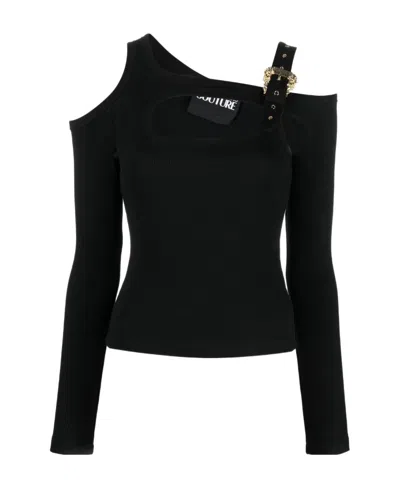Versace Jeans Baroque Buckle Ribbed Cut-out Top In Black