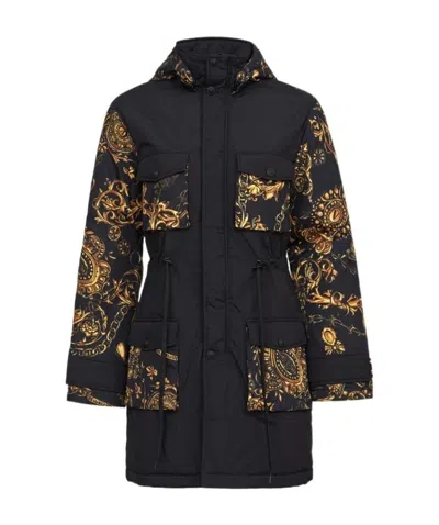 Versace Jeans Baroque-print Hooded Parka In Black