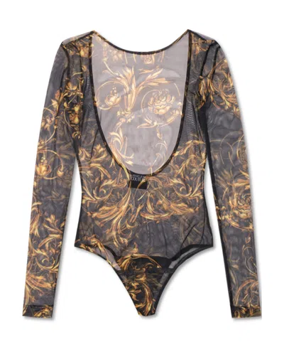 Versace Jeans Baroque-print Long-sleeved Bodysuit In Brown