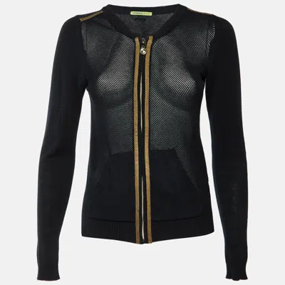 Pre-owned Versace Jeans Black Mesh Knit Zip Up Cardigan Xs