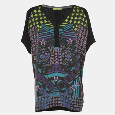 Pre-owned Versace Jeans Black Multicolor Star Print Satin Blouse S