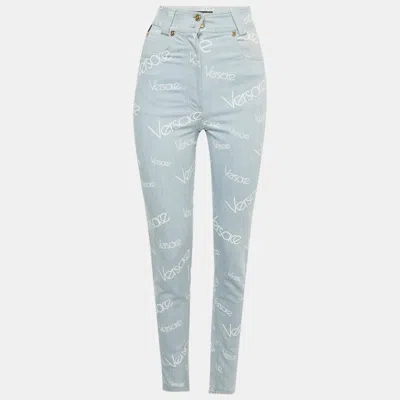 Pre-owned Versace Jeans Blue Logo Print Denim Skinny Jeans S Waist 24"