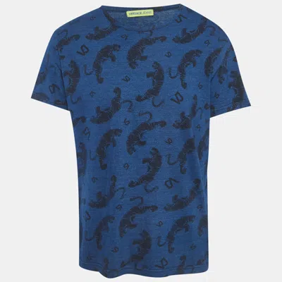 Versace Jeans Blue Tiger Print Jersey Crew Neck T-shirt