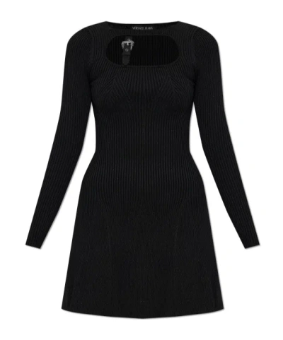 Versace Jeans Buckle-detail Ribbed-knit Mini Dress In Black
