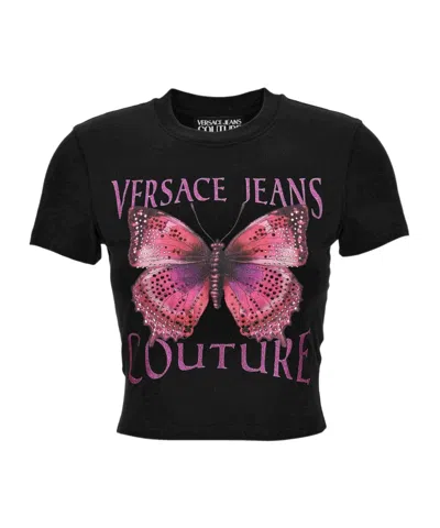 Versace Jeans Butterfly-embellished Cropped Top In Black