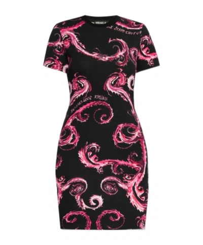 Versace Jeans Chromo Couture-print Mini Dress In Black