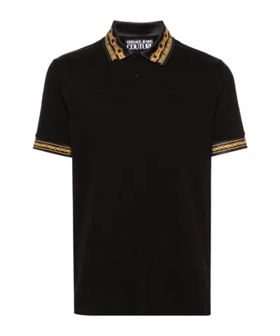 Versace Jeans Contrasting-trim Piqué Polo Shirt In Black