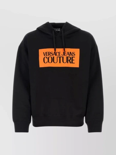 Versace Jeans Cotton Hooded Sweatshirt With Ribbed Accents In Black
