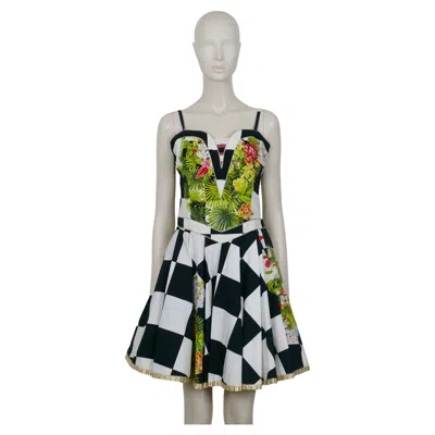 Pre-owned Versace Jeans Couture 1990s Chess And Tropical Flowers Print Dress In Gray