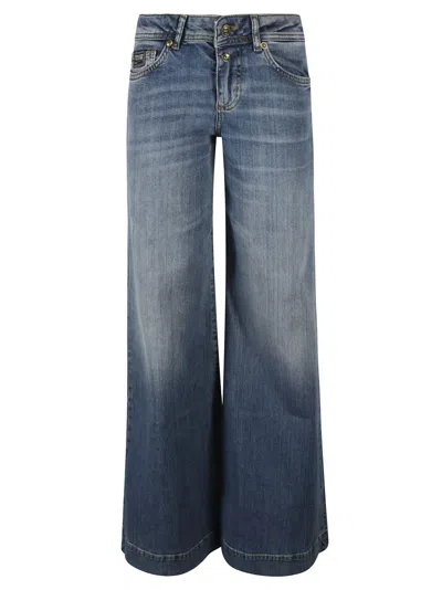 Versace Jeans Couture 5 Pockets Logo Patch Flared Jeans In Blue
