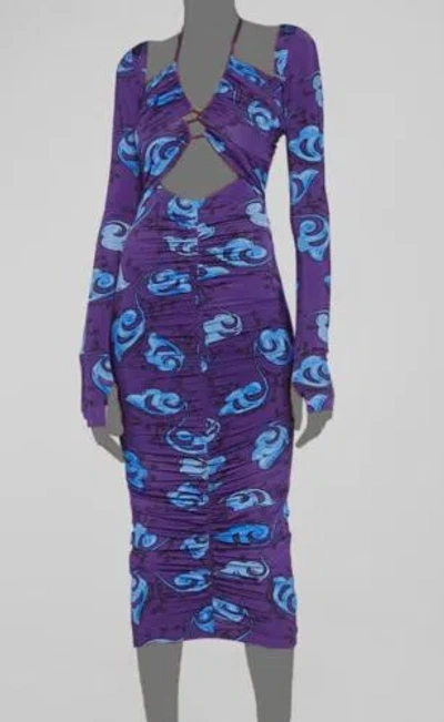 Pre-owned Versace Jeans Couture $750  Women's Purple Twig Print Halter Midi Dress Size 38