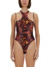 Versace Jeans Couture Abstract Print Slim Fit Leotard With High Neckline In Multi