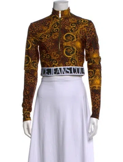Pre-owned Versace Jeans Couture Animal Print Mock Neck Crop Top In Brown