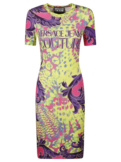 Versace Jeans Couture Animalier Logo Print Slim Dress In Green