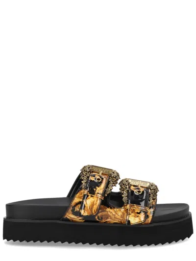 Versace Jeans Couture Black Polyurethane Flats In Gold