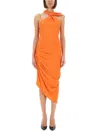 Versace Jeans Couture Draped Dress With Asymmetrical Neckline And Ruched Detailing In Orange