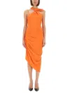 Versace Jeans Couture Draped Dress With Asymmetrical Neckline And Ruched Detailing In Orange