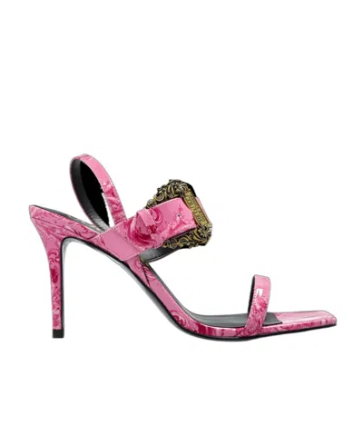 Versace Jeans Couture Barocco Buckle Heeled Sandals In Pink