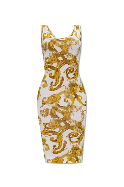 Versace Jeans Couture Barocco Print Sleeveless Midi Dress In White/gold