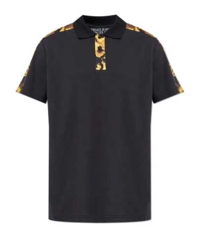 Versace Jeans Couture Barocco Printed Short-sleeved Polo Shirt In Black