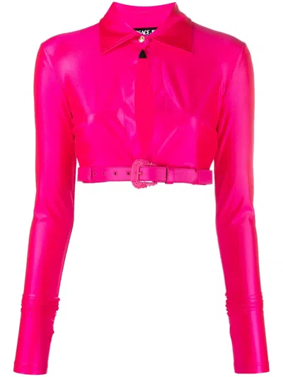 Versace Jeans Couture Baroque Buckle Crop Shirt In Pink