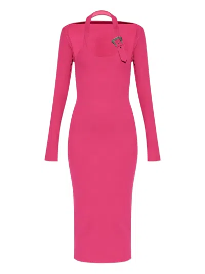 Versace Jeans Couture Baroque-buckle-embellished Ribbed Midi Dress In Pink