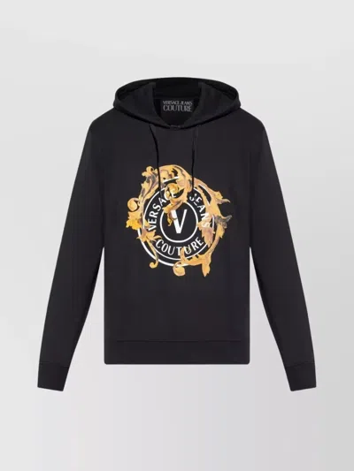 Versace Jeans Couture Baroque Design Hooded Sweatshirt Logo In Black